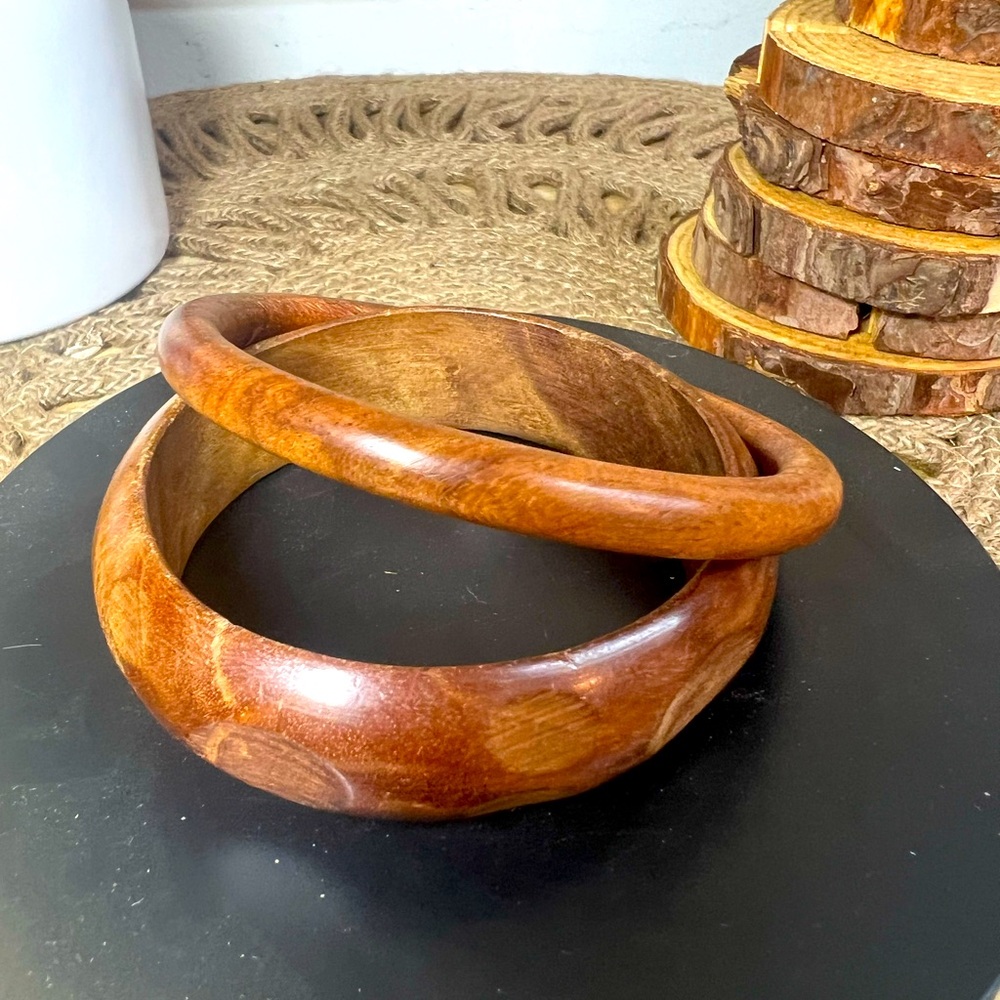 1970s Faux Wood Bangle Bracelet Set- Brown Mid Century Modern- Vintage Jewelry